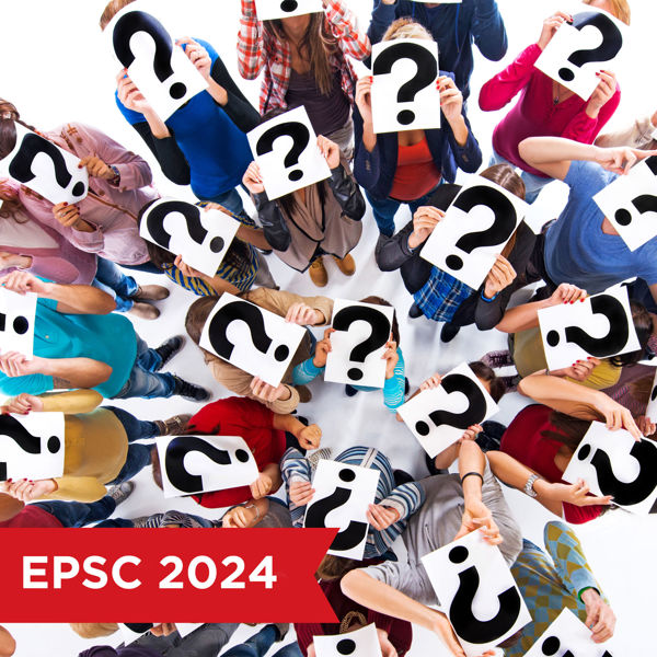 Tip-down image of a group of people whose faces are hidden by question marks