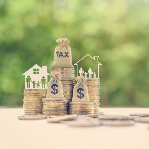 Stacks of coins with small house models atop them and a cash bag marked Taxes