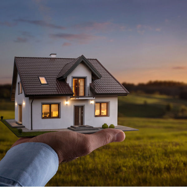 Male hand showing, offering a new dream house at an empty field