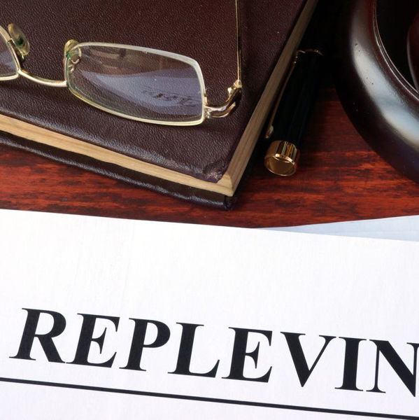 Document on a desk with the heading Replevin on it