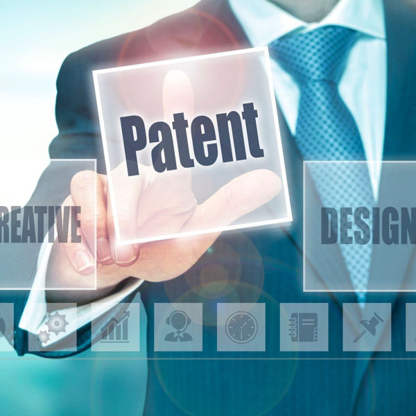 Augmented reality screen with man selecting Patent button